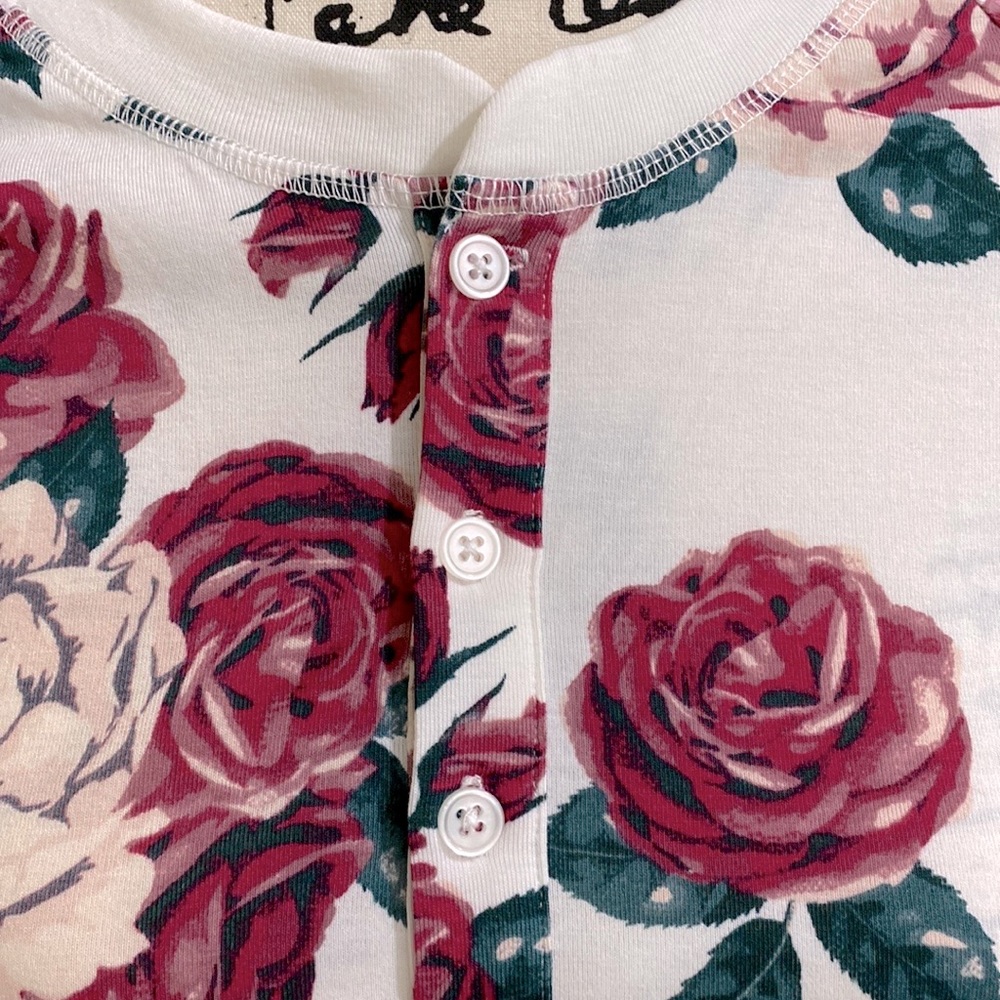 Red, Pink, and Green Rose Pattern Unisex Henley Top | LuLaRoe Mark - Picture 6 of 10